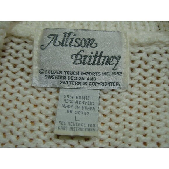 Vintage Allison Brittney Button Up Cardigan Sweater Ivory Shoulder Pads Sz Large - Picture 4 of 11